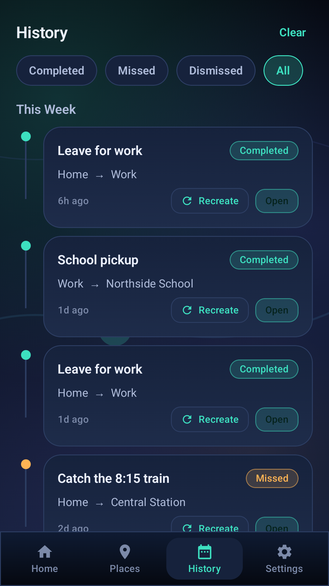 Route history screen