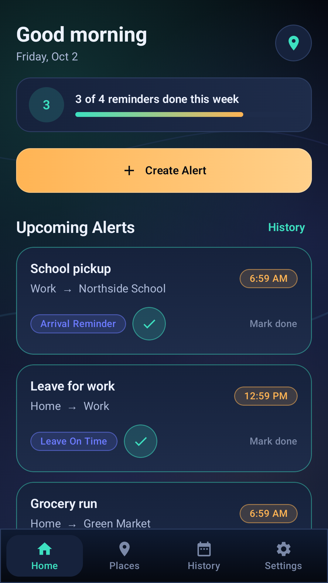 Wayfinder Alert home screen showing upcoming alerts